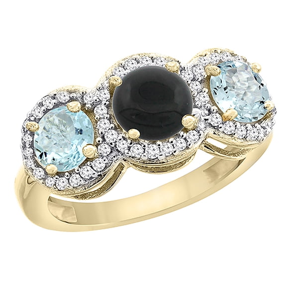 14K Yellow Gold Natural Black Onyx & Aquamarine Sides Round 3-stone Ring Diamond Accents, size 5