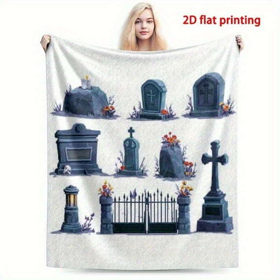 Spooky Graveyard Cemetery Flannel Throw Blanket - Gothic Tombstones, Headstones & Floral accents - Soft Lightweight Bedspread for Couch, Bed, Travel - Machine Washable Halloween Decor - Perfect Gothi