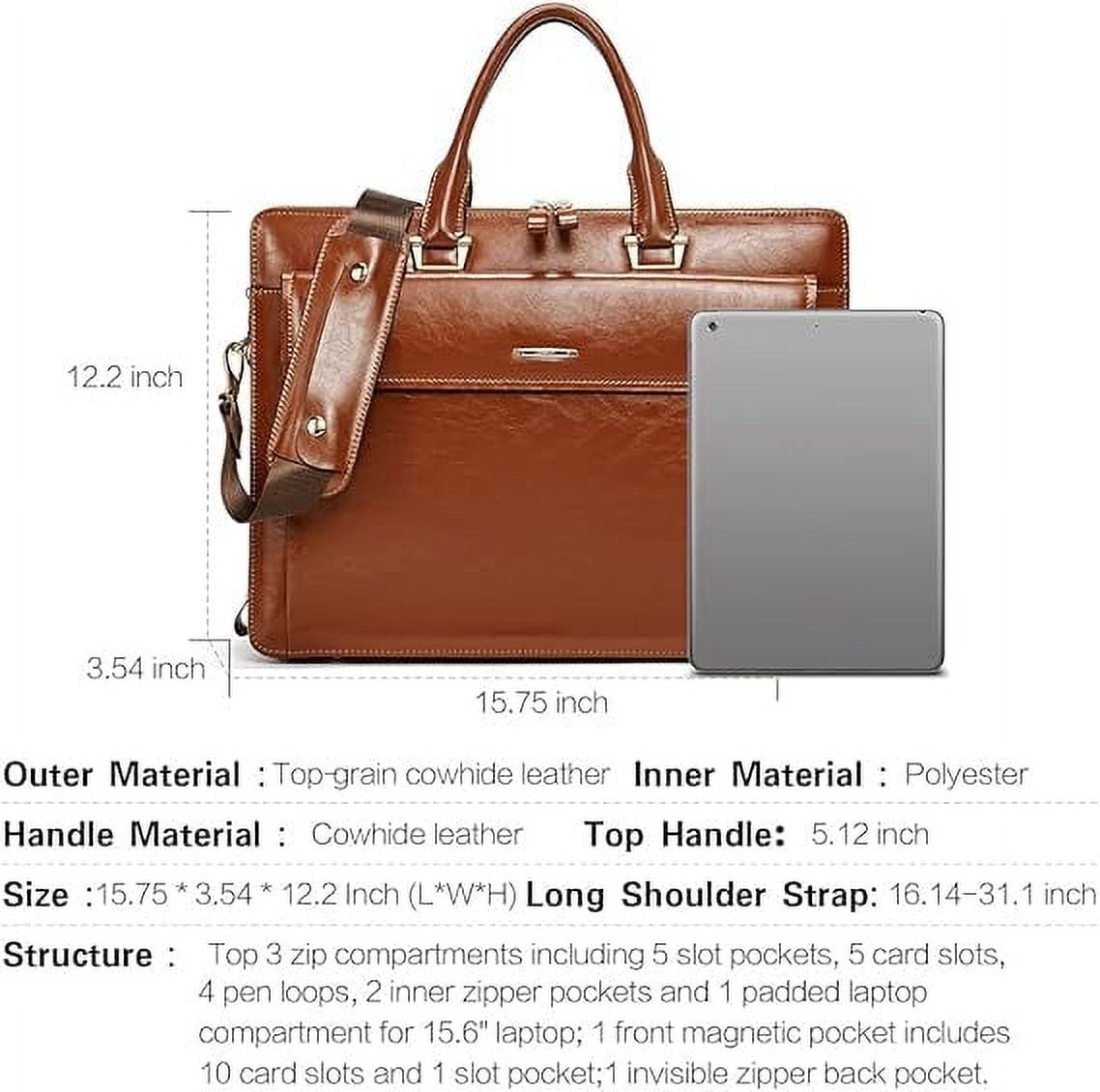 RKXQT Leather 15.6 Inch Business Briefcase for Women with 2 Zipper Compartments Laptop bag