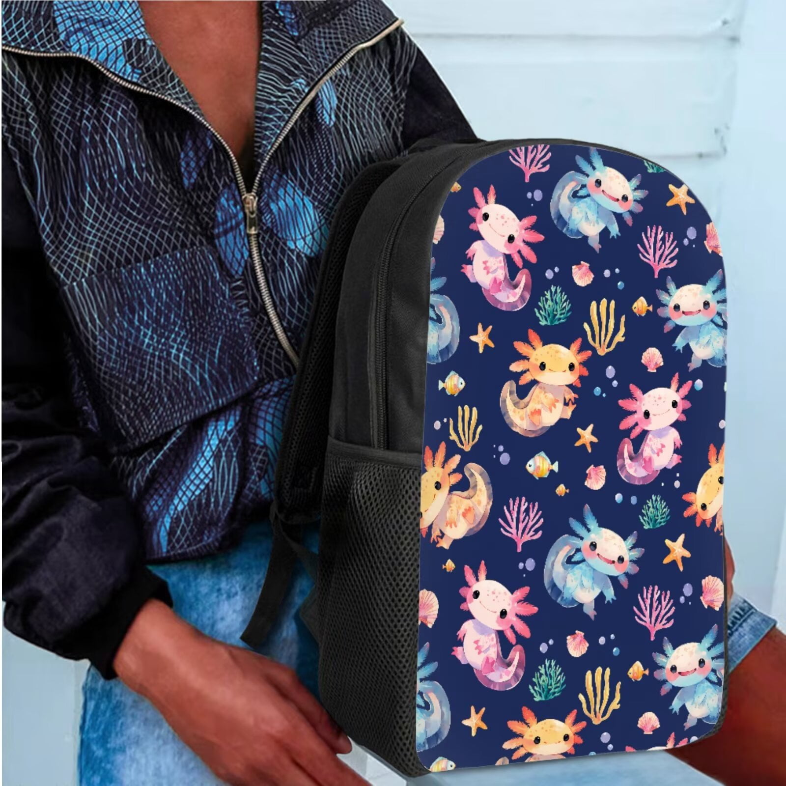 Binienty Axolotl Backpack Student Bookbag for Girls Boys Elementary School 3 Piece Kids Casual Travel Backpack with Lunchbox Pencil Case