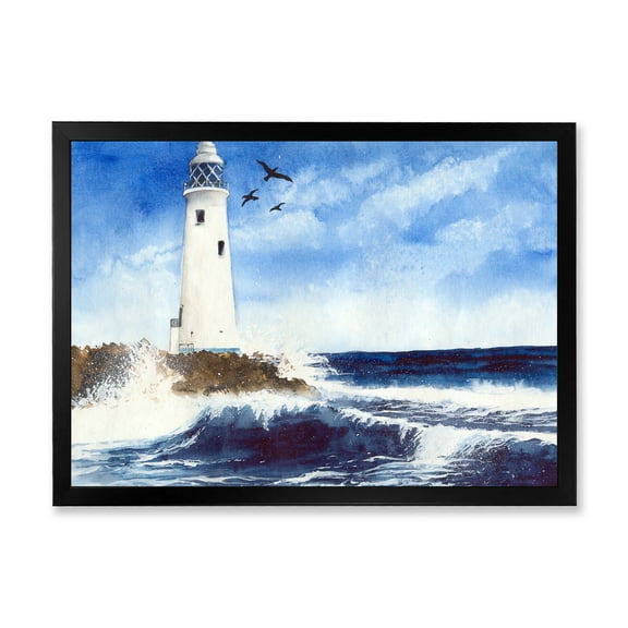 Designart 'Seagulls With Lighthouse On The Rocky Island' Nautical & Coastal Framed Art Print