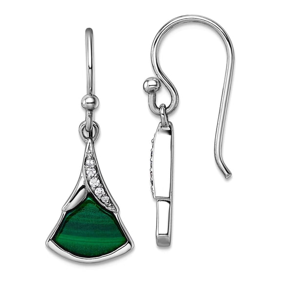925 Sterling Silver Rhodium Plated Cubic Zirconia and Malachite Long Drop Dangle Earrings 27.4x9.9mm Wide Dangle Earring