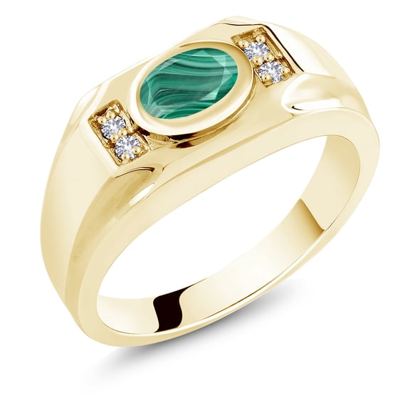 Gem Stone King Men's 18K Yellow Gold Plated Silver Green Malachite and White Created Sapphire Ring (2.16 Cttw, Gemstone Birthstone, Oval 8X6MM,, Size 8)