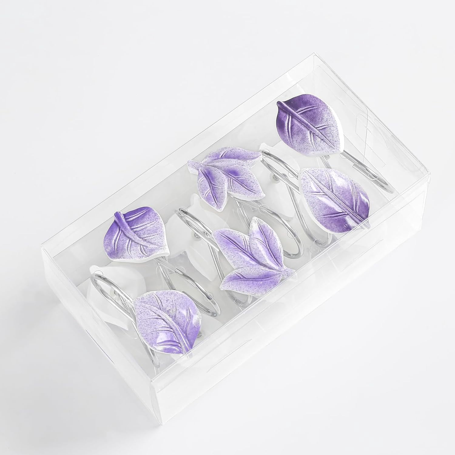 12PCS Leaves Shower Curtain Hooks, Purple Plant Leaf Decorative Shower Curtain Hooks Metal Rustproof Cute Eucalyptus Shower Curtain Rings Bathroom Decoration Accessories