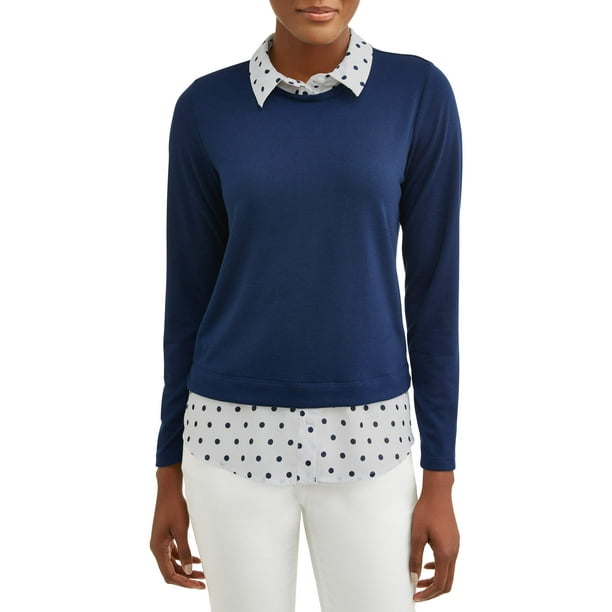 Lifestyle Attitudes - Women's 2fer Sweater with Built-In Collared Shirt ...