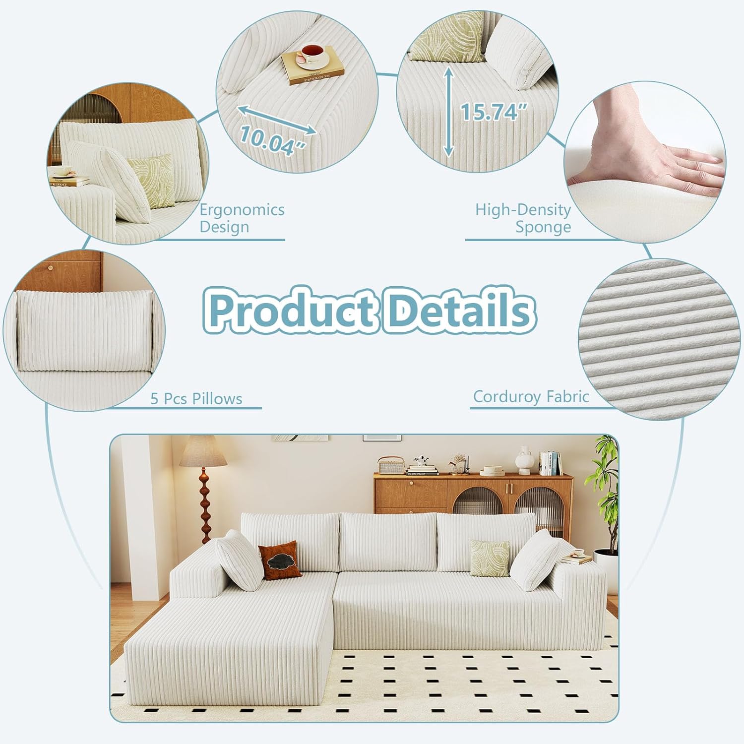 Cloud Couch Sectional, 96" L-Shaped Sofa, No Assembly Corduroy Couch with Chaise for Living Room,White