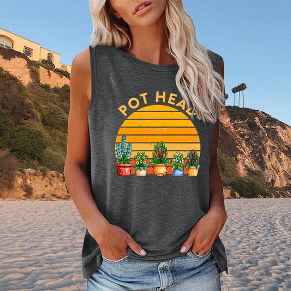 Womens Shirts for Summer Women's Fashion Printed Vest Round-Neck Loose Sleeveless T-shirt Pullover Tops clearance clothes under $10.00