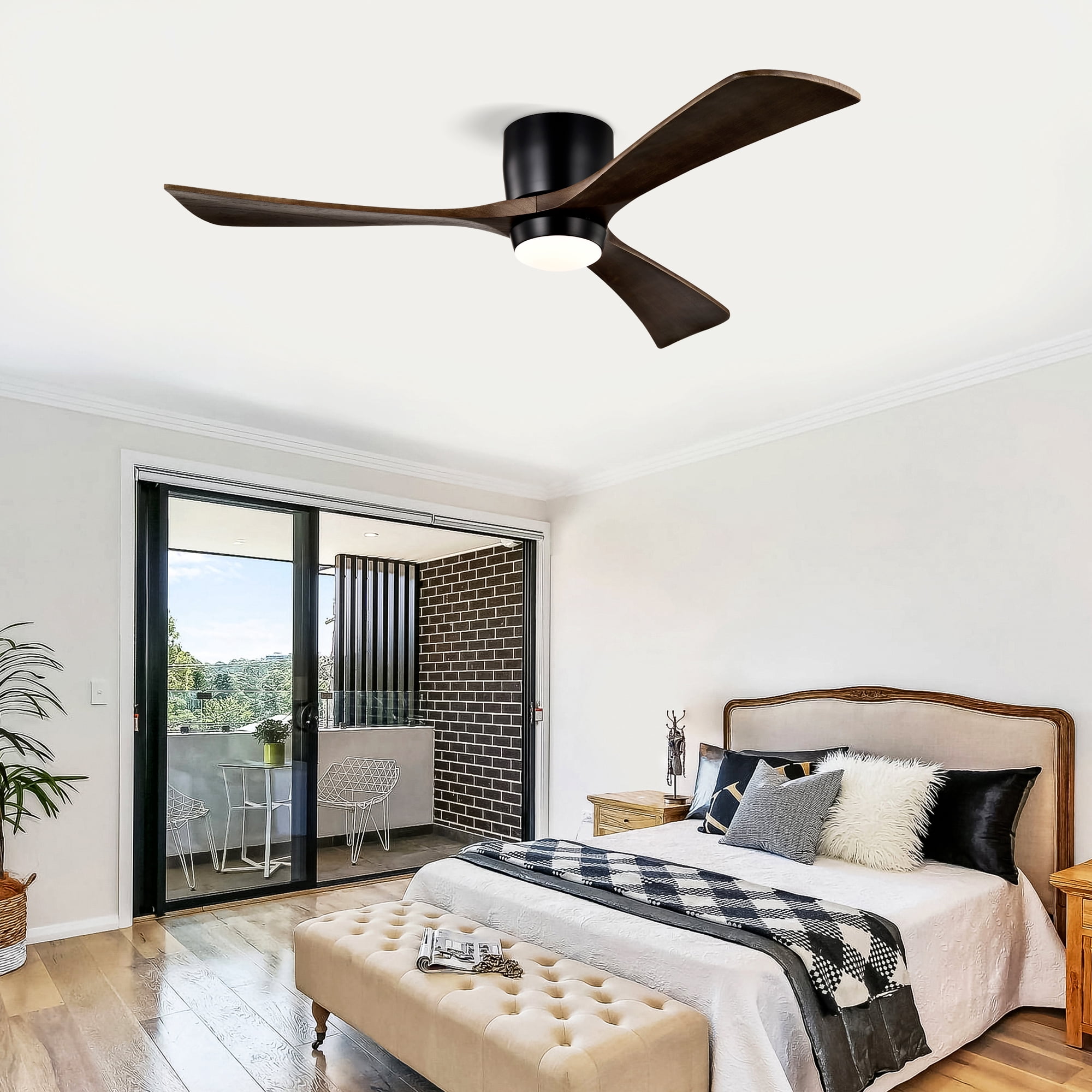 Flush Mount Ceiling Fan with Light, 52 Inch Solid Wood Blade Fan for Household Low Ceiling Room, Matte Black