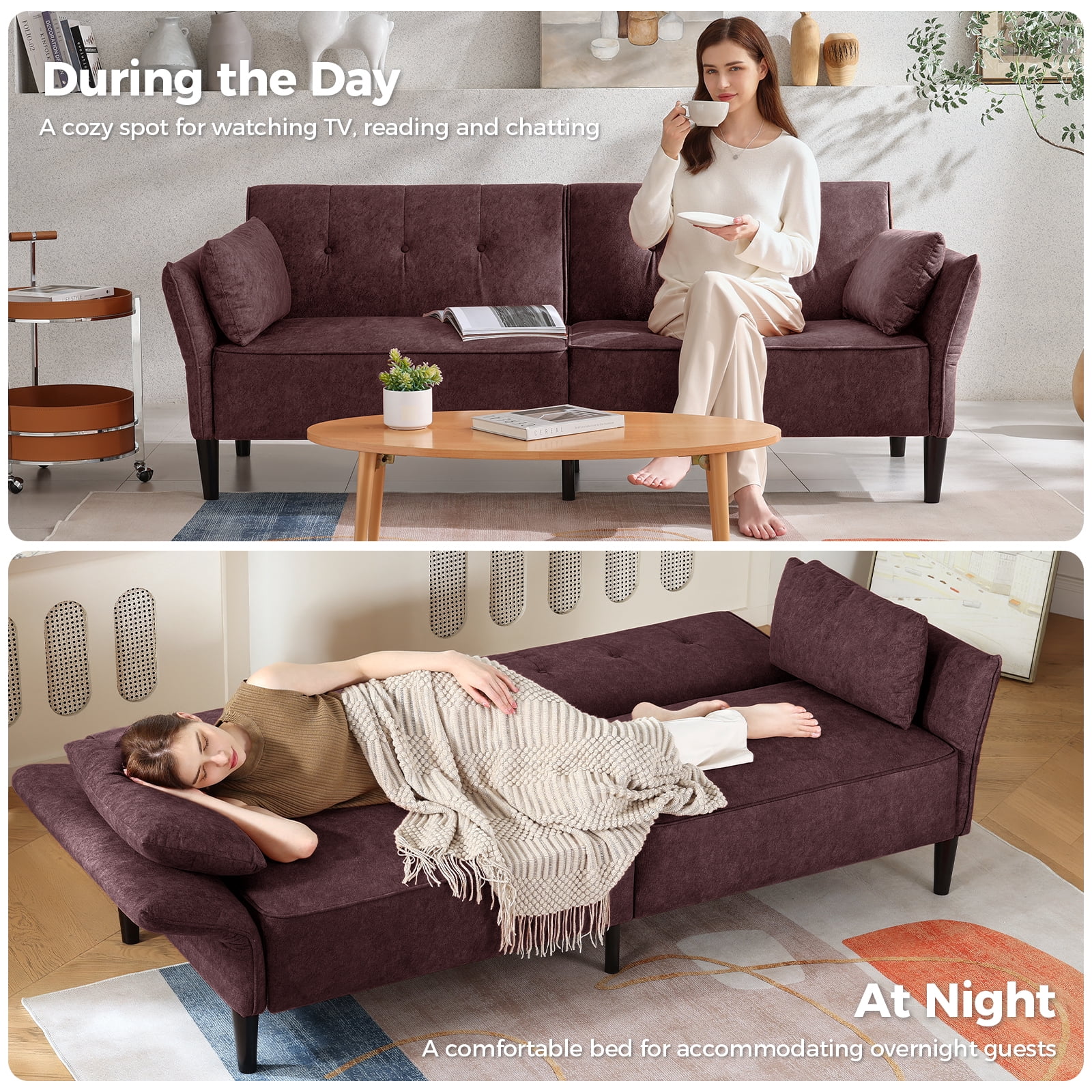 COPIAE 89” Futon Sofa Bed with 2 Square Pillows, Convertible Sleeper Sofa with Adjustable Backrest& Armrests, Modern Loveseat Sleeper for Living Room