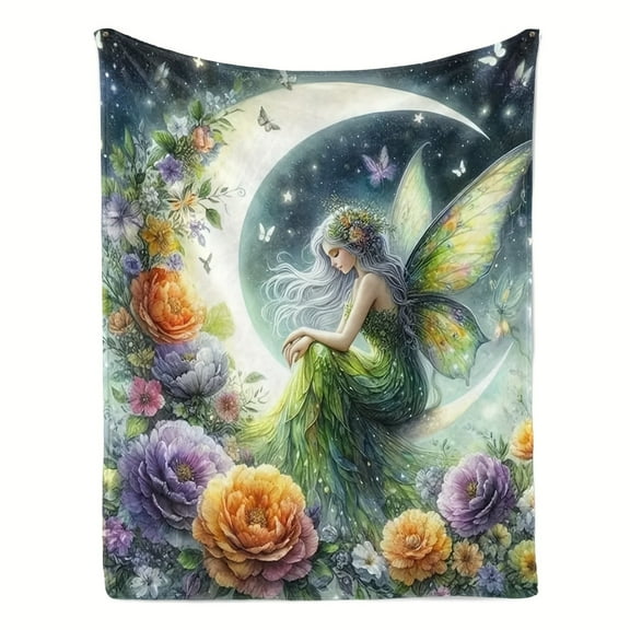 Enchanting Moon Fairy & Floral Print Flannel Blanket Soft Warm Throw for Sofa Bed Car Camping & Office Decor Versatile All-Season Gift Mixed Colors Whimsical Design with Butterflies & Stars