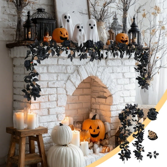 Halloween Garland Simulation Black Rose Leaf Rattan Halloween Home Black Decoration Arrangement Artificial Rose Leaf Rattan Fall Wreath