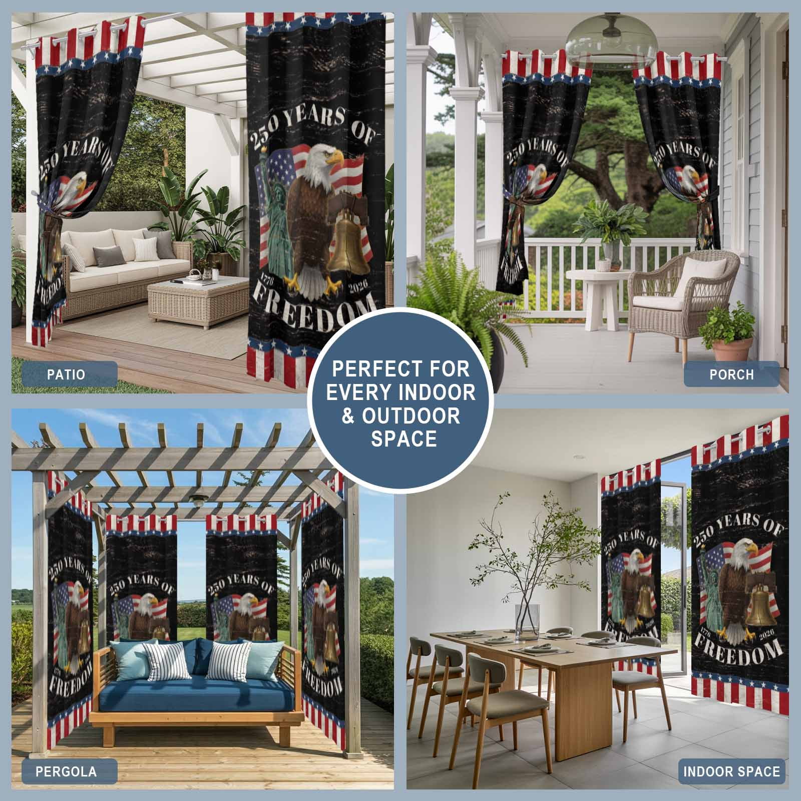 Years of Freedom Outdoor Curtains for Patio, Independence Day America Flag Eagle Bell Sunshade Privacy Drapes Grommet Waterproof Outside Curtains for Porch/Cabana/Balcony 54"x 108", 1 Panel