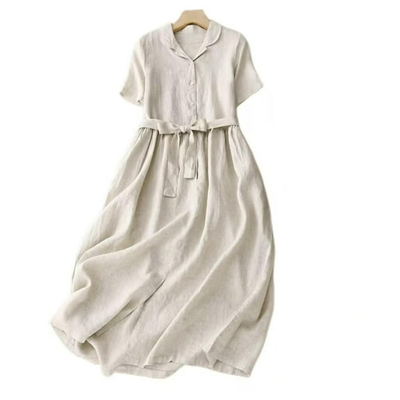 Wowcloth Flowy Dress for Women Solid Color Elastic Waisted Comfort Classic Mini Dresses Loose Beach Cotton Linen Sundress