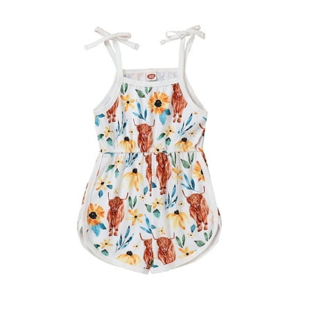 

Thaisu Toddler Baby Girls Summer Romper Sleeveless Spaghetti Strap Cartoon Print Strap Bodysuit Jumpsuit