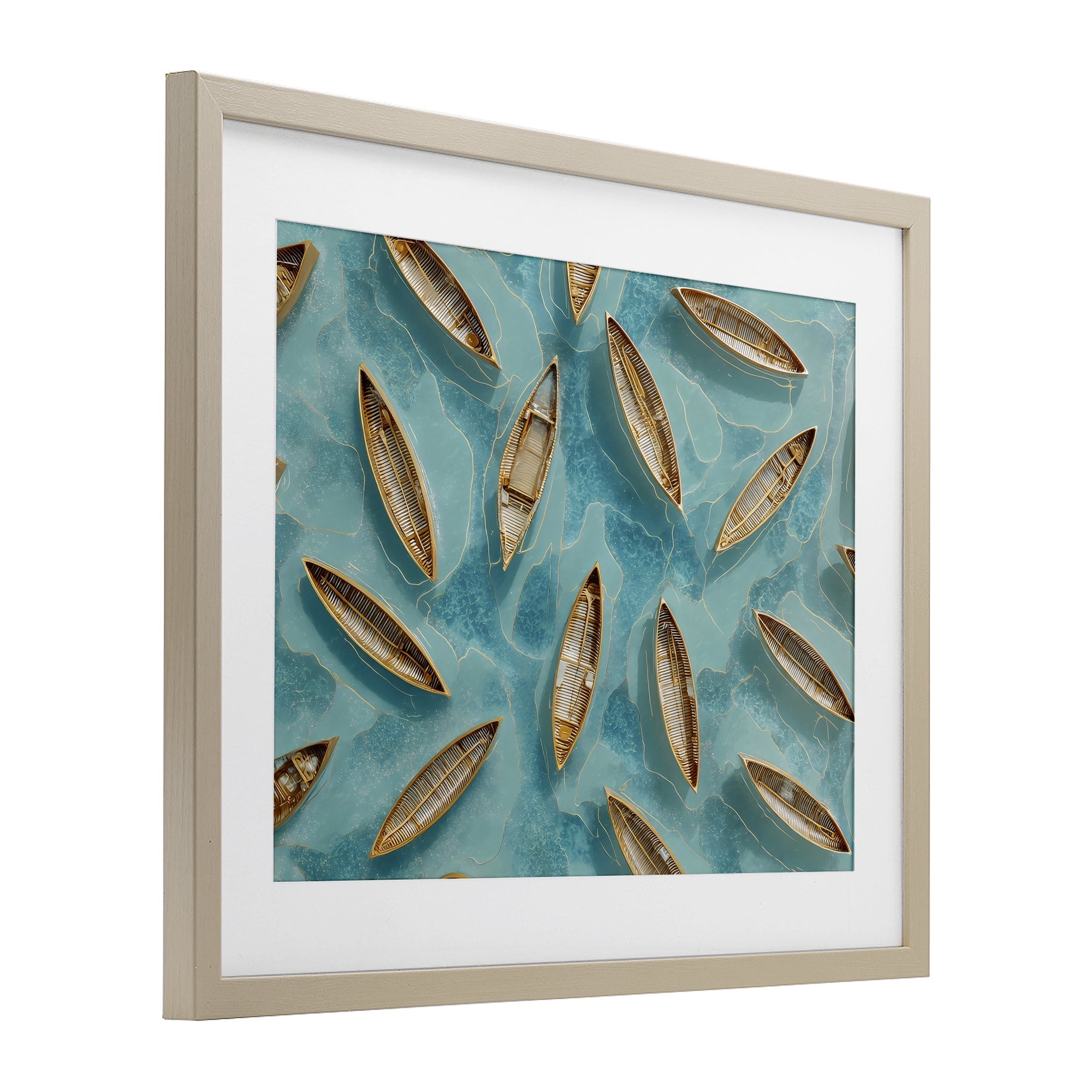 Harmonious Canoes on Water Birch Framed Print Under Glass, design by Franklyn Gregory