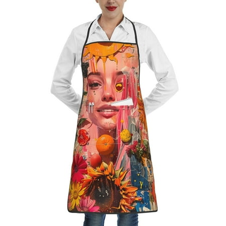 

Lukts Vibrant Floral Collage Portrait Pattern Kitchen Apron Waterdrop Resistant Apron with adjustable Aprons for Women and Men with Pockets Cooking Apron