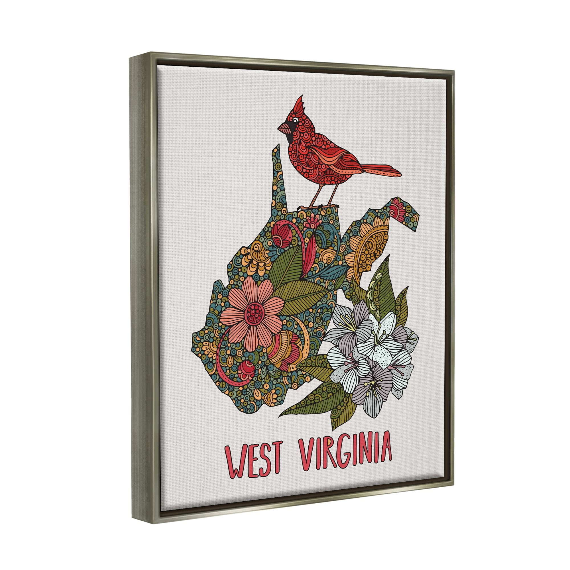 Stupell Industries West Virginia State Cardinal Detailed Floral Pattern Graphic Art Luster Gray Floating Framed Canvas Print Wall Art, Design by Valentina Harper