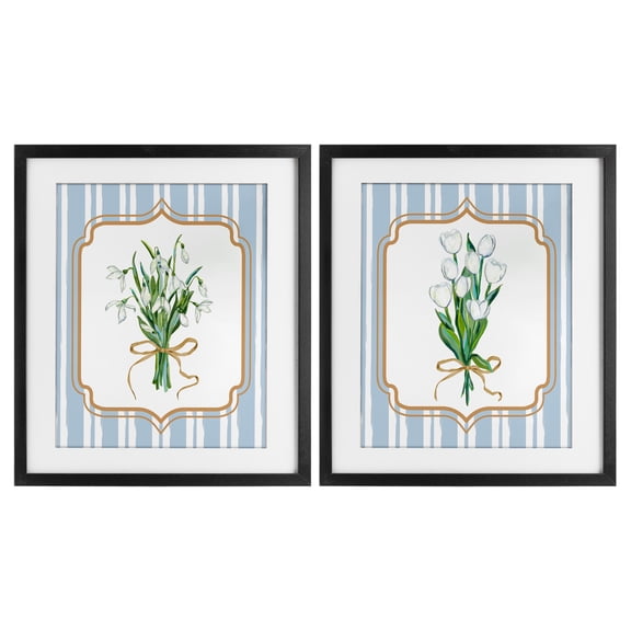 White Flowers Classic Stripes 2 Piece Black Framed Print Under Glass Set, design by Adonna Ebrahimi
