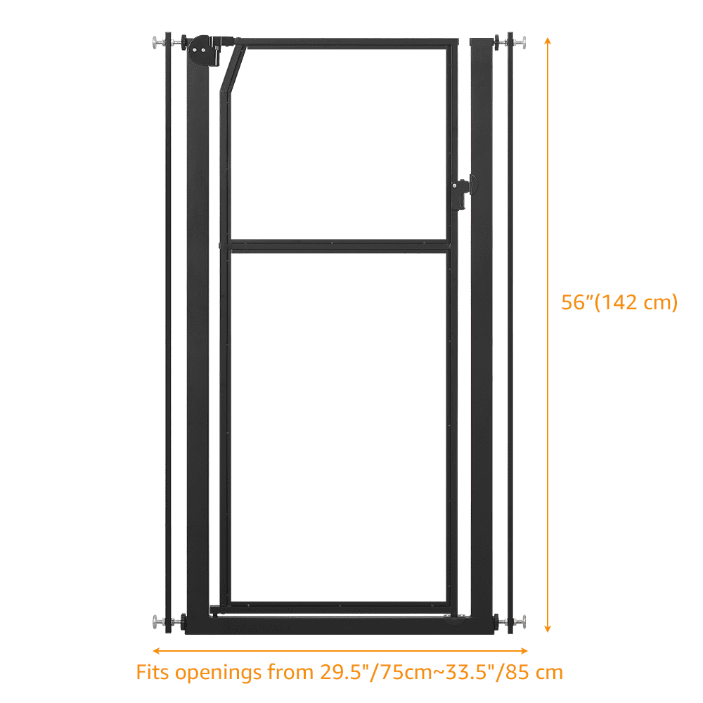 unipaws 56" Extra Tall Pet Gate, Clear Tall Cat Gate, 29.5-33.5" Wide No Drilling Pressure Mounted Dog Gate for Doorway, Hallway, Stairs, Black