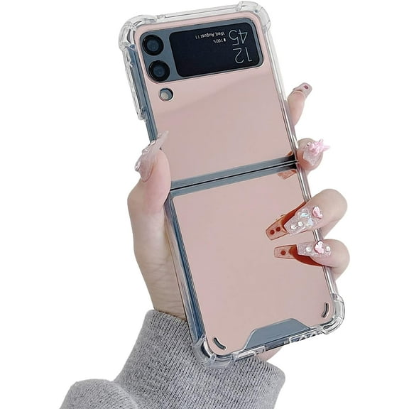 for Samsung Galaxy Z Flip 4 Mirror Case for Women, Luxury Glass Glossy Mirror Shockproof Smooth Hard Case with Soft Silicone Bumper TPU Frame Compatible with Samsung Galaxy Z Flip 4 (Rose Gold)