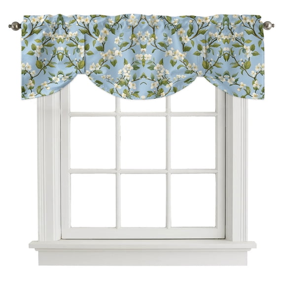 Tie Up Valance Curtain for Kitchen, Retro Flowers on Blue Background Rod Pocket Curtains Adjustable Tie-Up Shade Valances 42x12in, Vintage White Floral Leaves Window Treatment for Bedroom Bathroom