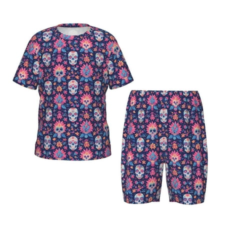Luyuia leaf flower Skull colorful Print Girls  2-Piece Tie-Dye Pajama Set  Cute Summer Loungewear with Shirt and Tank Shorts Nightwear-Large