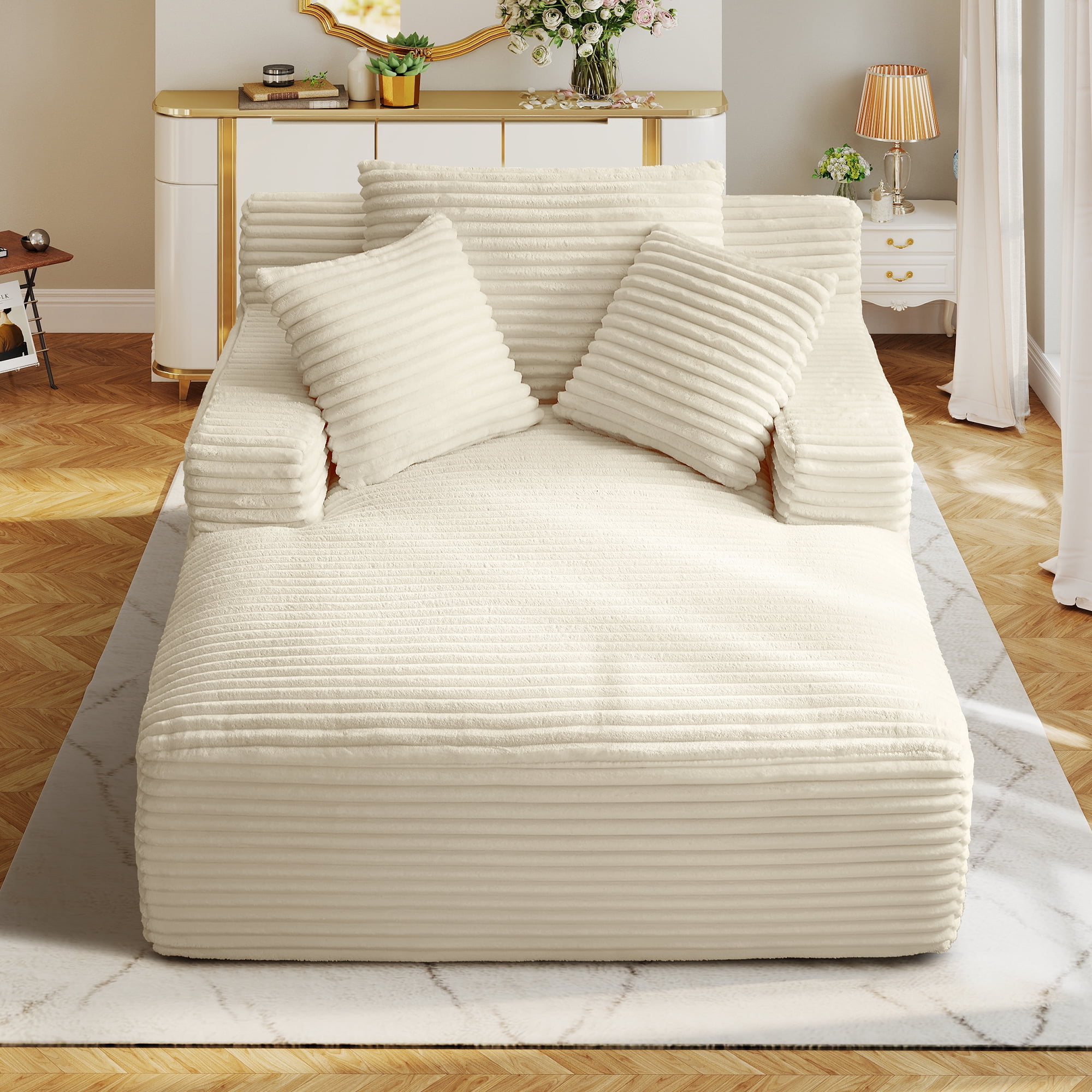 Aukfa Corduroy Chaise Lounge Chair, Oversized Indoor Lounger Floor Sofa Bed for Living Room, Bedroom, Small Space,White