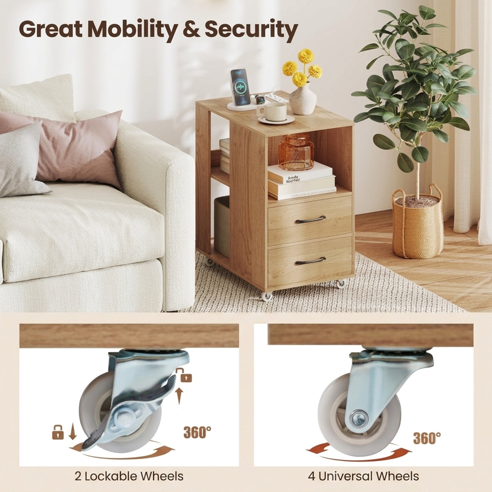 Furnibear Mobile Bedside Table with Charging Station 2 Drawers and Open Shelves End Table on Wheels for Bedroom Sofa Side, Natural