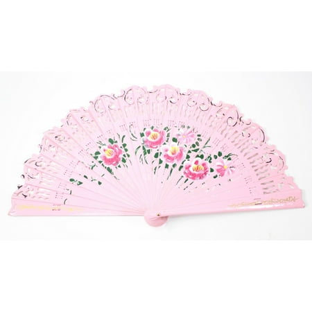 

Pink Double Sided Wooden Spanish Floral Print Hand Folding Fan Party Gift