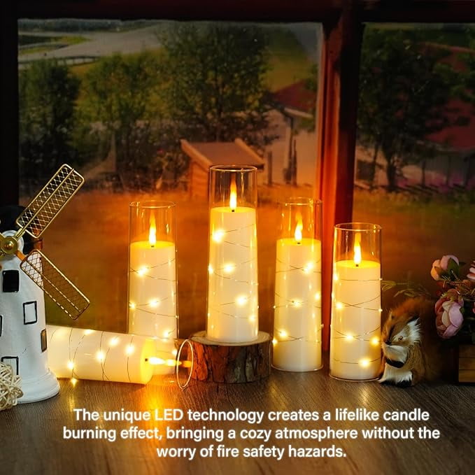 Flameless LED Pillar Candles (9 Pcs) – Embedded Star String, Battery Operated with Remote & Timer, White – Perfect for Home/Party/Wedding