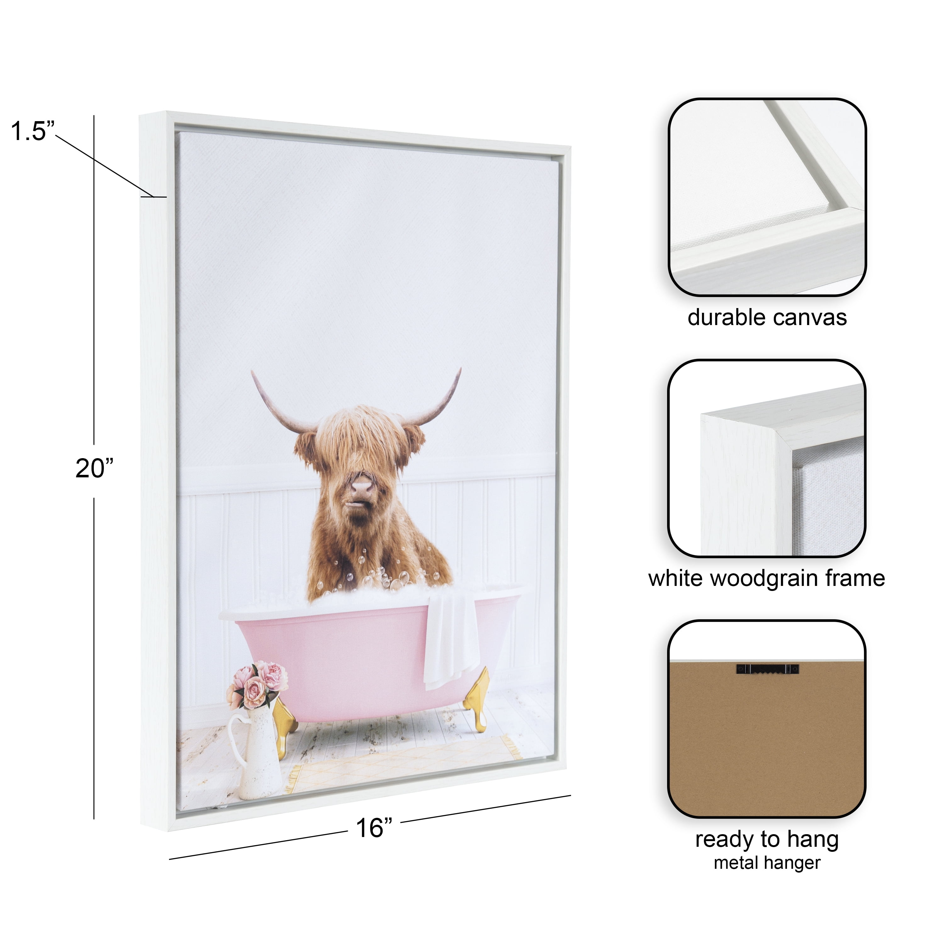 Amy Peterson Highland Cow in Cottage Rose Bath 16"x 20" Framed Canvas Art Print by Design Ovation