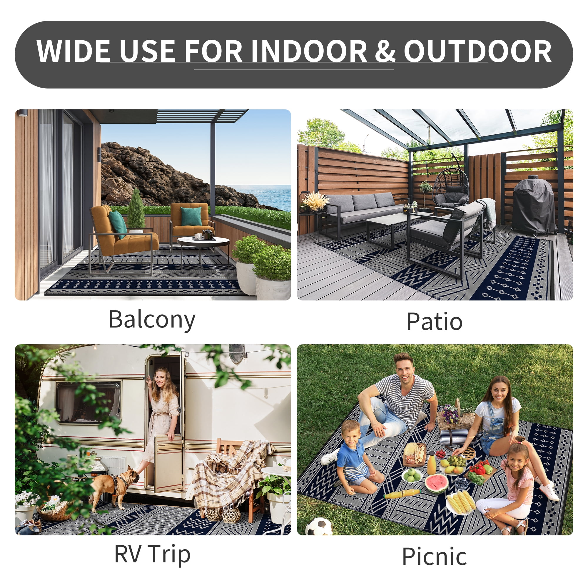 SIXHOME Outdoor Rug 9'x12' Waterproof Patio Rug Reversible Indoor Outdoor Rug Lightweight Plastic Straw Rug for RV Camping Deck Balcony Boho Porch Decor Blue and Gray