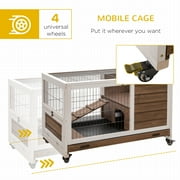PawHut Wooden Rabbit Hutch Indoor Elevated Cage Habitat with No Leak Tray Enclosed Run with Wheels, Ideal for Rabbits and Guinea Pigs, Brown
