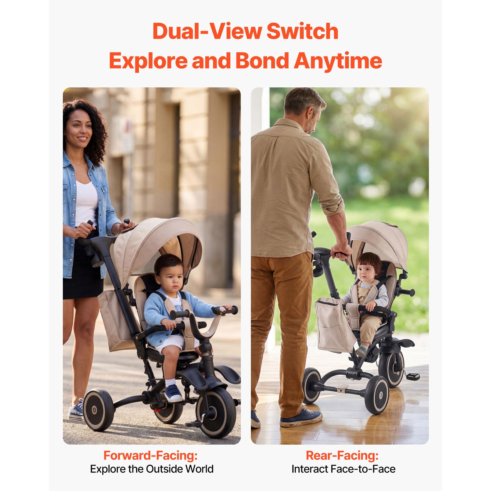 KFFKFF 7-in-1 Toddler Tricycle & Stroller for Ages 18 Months to 5 Years, Kids Trike with Push Handle, Adjustable Canopy, Rotating Seat, and Storage