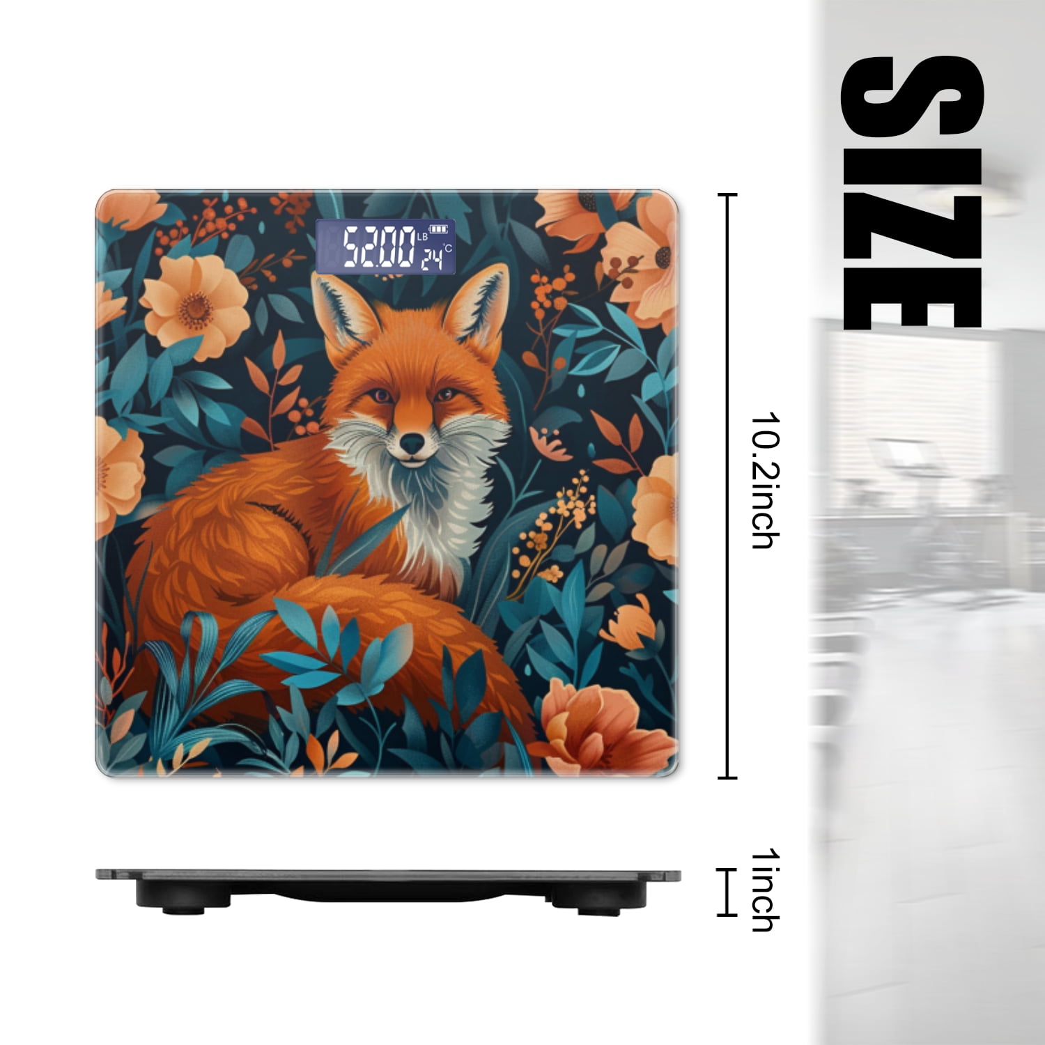 High Precision Body Weight Scale Smart Bathroom Scales with Large LCD Display(400lbs),Decorative for Bedroom-Red Fox Surrounded By Orange And Teal Flowers