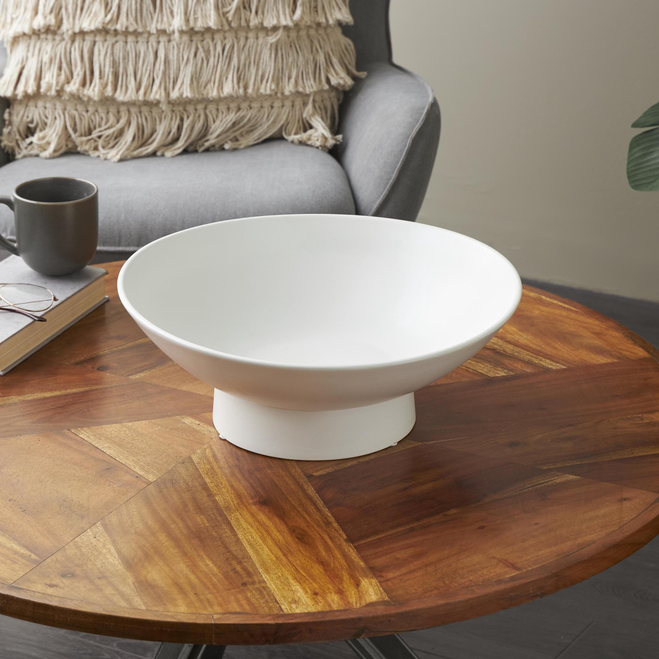 DecMode 16" Round Wide White Ceramic Decorative Bowl with Elevated Base