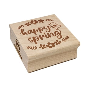 Happy Spring Bird and Flowers Square Rubber Stamp Stamping Scrapbooking Crafting - Medium 1.75in
