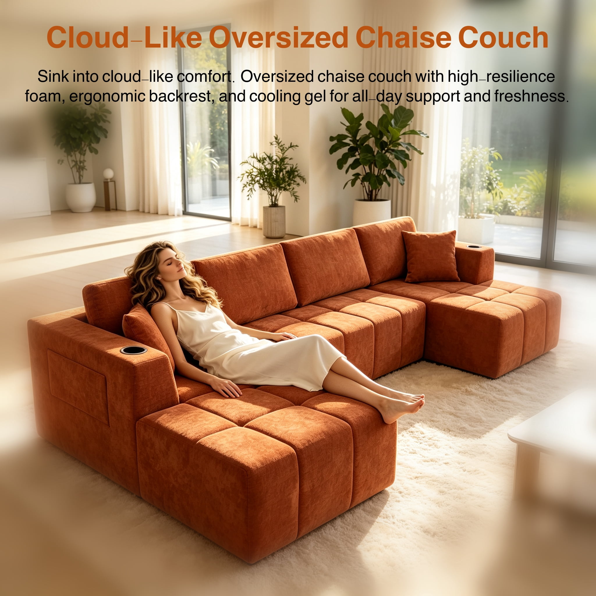 ShiKeyi 132.5" Modern U-Shaped Modular Sectional Sofa with Double Chaise, Premium Chenille Fabric Cloud Couch Set with Cup Holders & Storage Pockets for Living Room, Orange