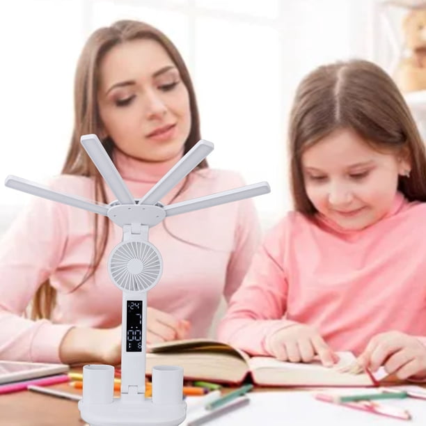 Lámpara De Mesa Ajustable, Portalápices Desmontable Pantalla De Temperatura Lámparas De Escritorio LED De Cuatro Cabezas Con Ventiladores Calendario Control Táctil Para Estudio