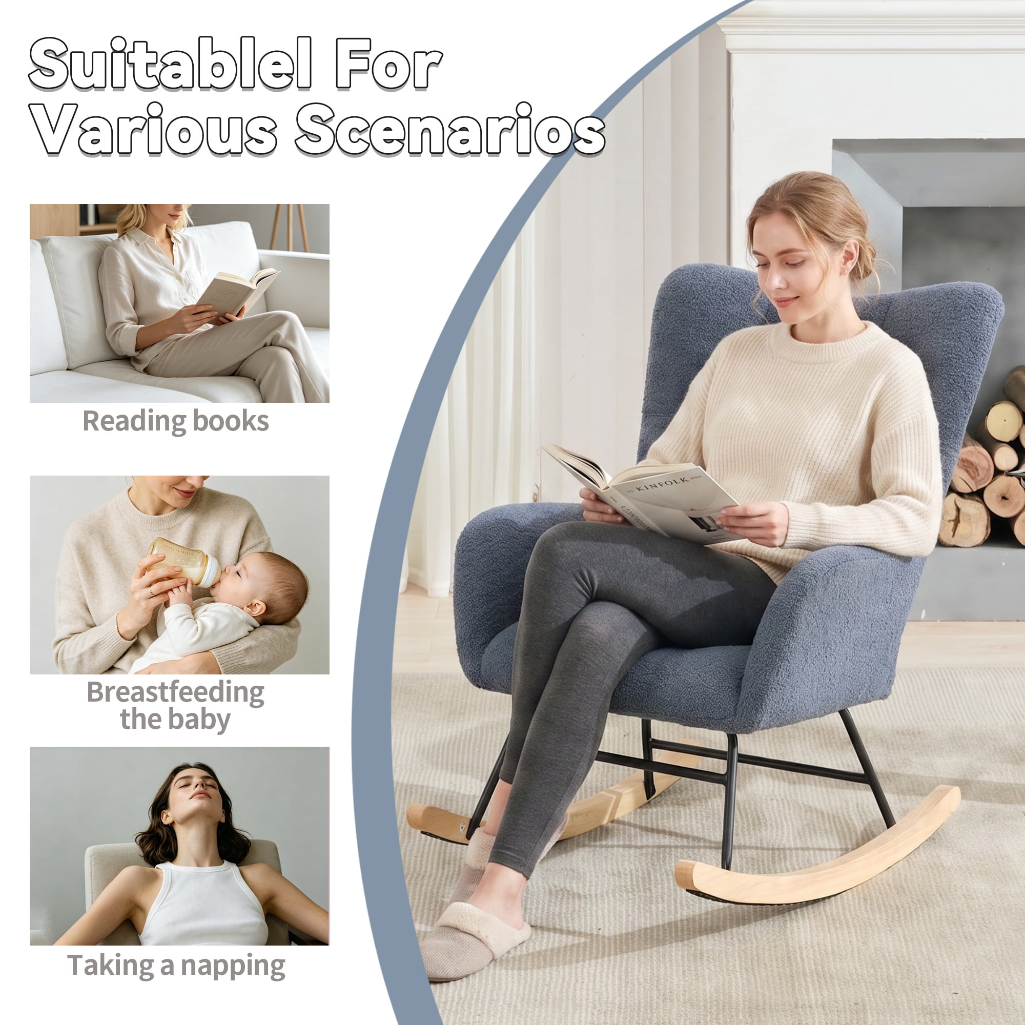 Leumius Rocking Chair Nursery,Teddy Upholstered Glider Rocker with High Backrest,Modern Rocking Accent Chairs Glider Recliner for Living Room, Nursery, Bedroom,Navy