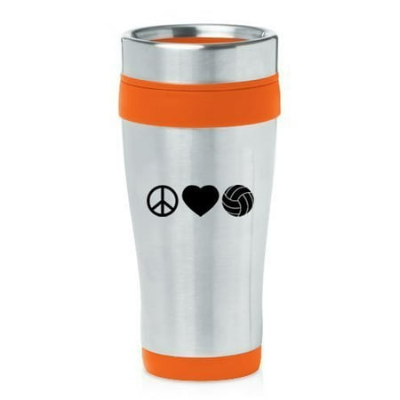 

Orange 16oz Insulated Stainless Steel Travel Mug Z2397 Peace Love Volleyball MIP