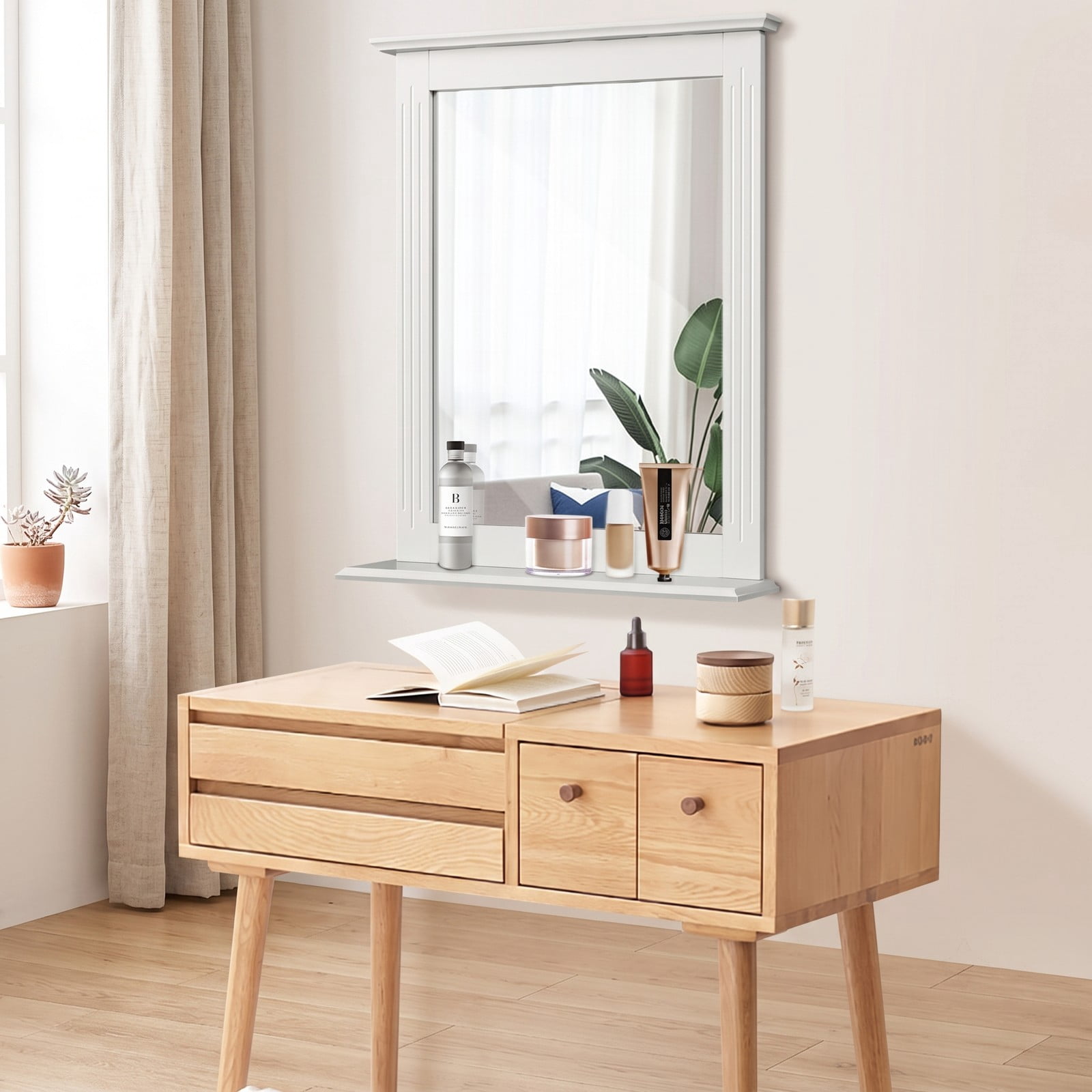 ALPULON Wall-Mounted Multipurpose Vanity Mirror with Shelf, MDF Framed Bathroom Wall Mirror with Storage Shelf for Entryway Bedroom Living Room Hotel, 22.5 x 27, White