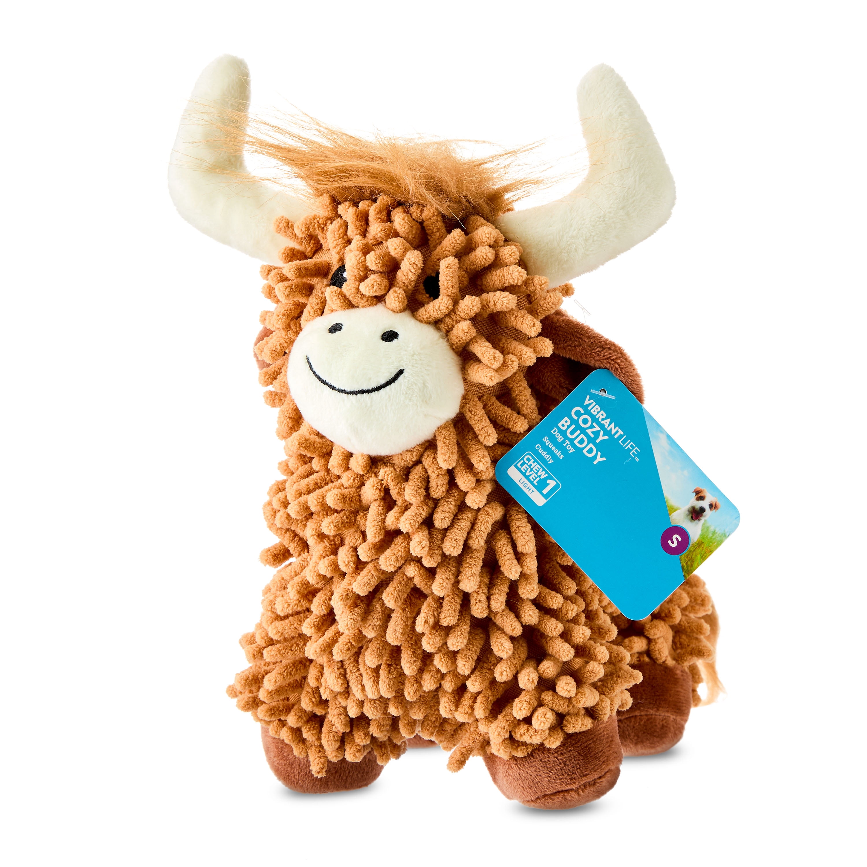 Vibrant Life Brown Highland Cow Plush Dog Toy with Squeaker, Chew Level 1
