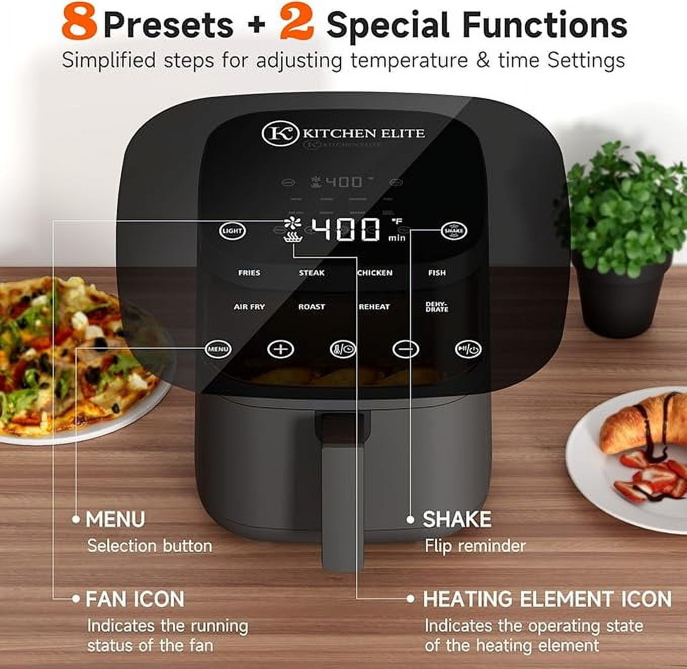 Kitchen Elite Air Fryer with View Window, 8 in 1 Compact Digital Airfryer, 5 °F Precise Control, Saving-Space Design, Nonstick & Dishwasher Safe, Roast, Broil, 1550W, Simple Elegant Gray