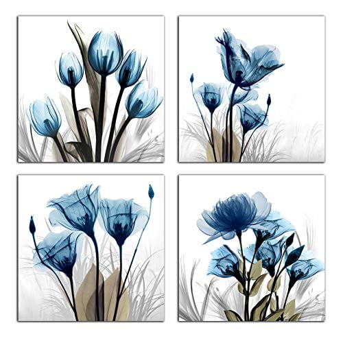 Flower Canvas Prints Wall Art Decor 4 Panels Blue Elegant Tulip Artwork Simple Life Picture for Living Room Bedroom Home Salon SPA Wall 12" x 12" 4 Pieces - Walmart.com