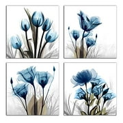 Flower Canvas Prints Wall Art Decor 4 Panels Blue Elegant Tulip Artwork Simple Life Picture for Living Room Bedroom Home Salon SPA Wall Decoration 12" x 12" 4 Pieces