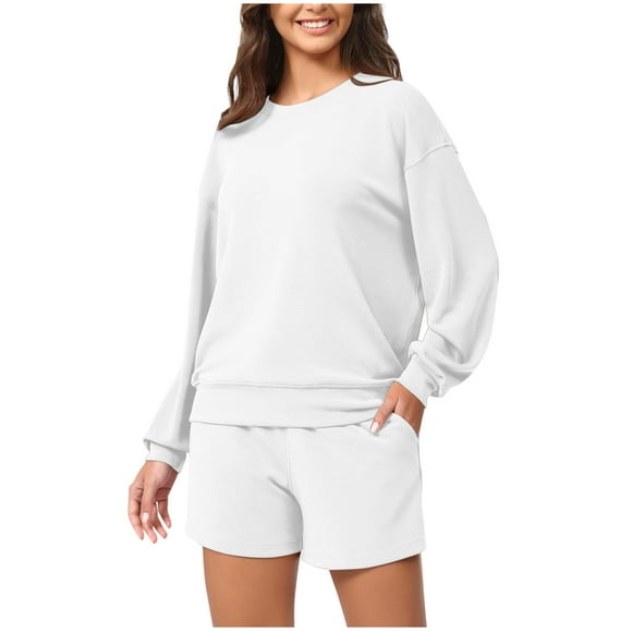 Plus Size Sweatsuits Womens Long Sleeve Loose Sweatshirt Womens Tops Pocket Blouses Long Sleeve Round-Neck Blouses Two Piece Sports Suit Set S-180 White XXL