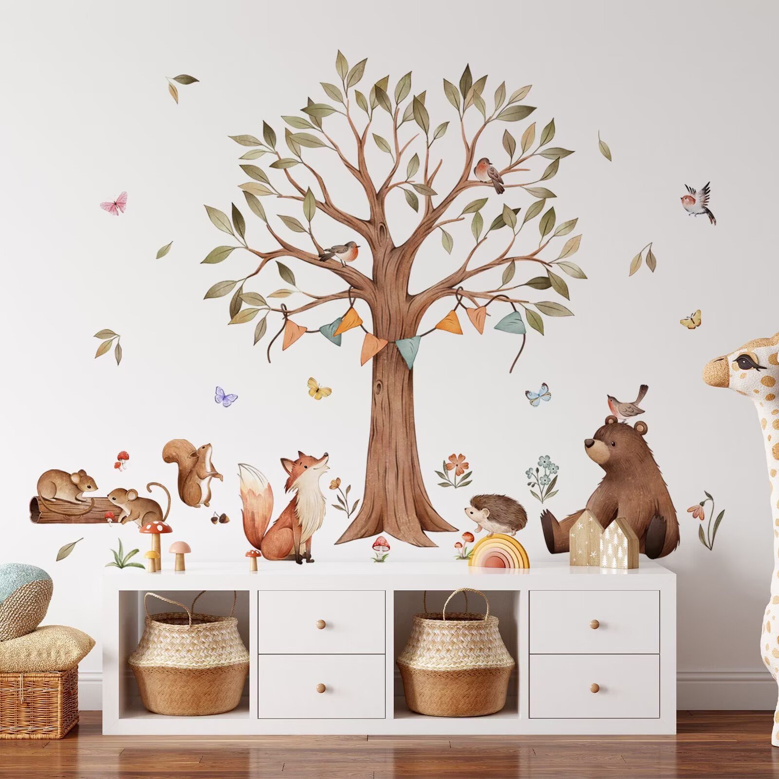 Woodland Animals Large Tree Wall Decals Peel and Stick Wall Stickers with Forest Bear Fox Hedgehog Butterflies for Nursery Bedroom Living Room Decor