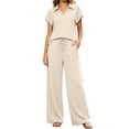 thumbnail image 3 of VBVC Women's Collared V-Neck 2 Piece Lounge Set, Casual Summer Tracksuit Outfit with Drawstring Wide Leg Pants and Pockets,Beige,S-2XL, 3 of 8