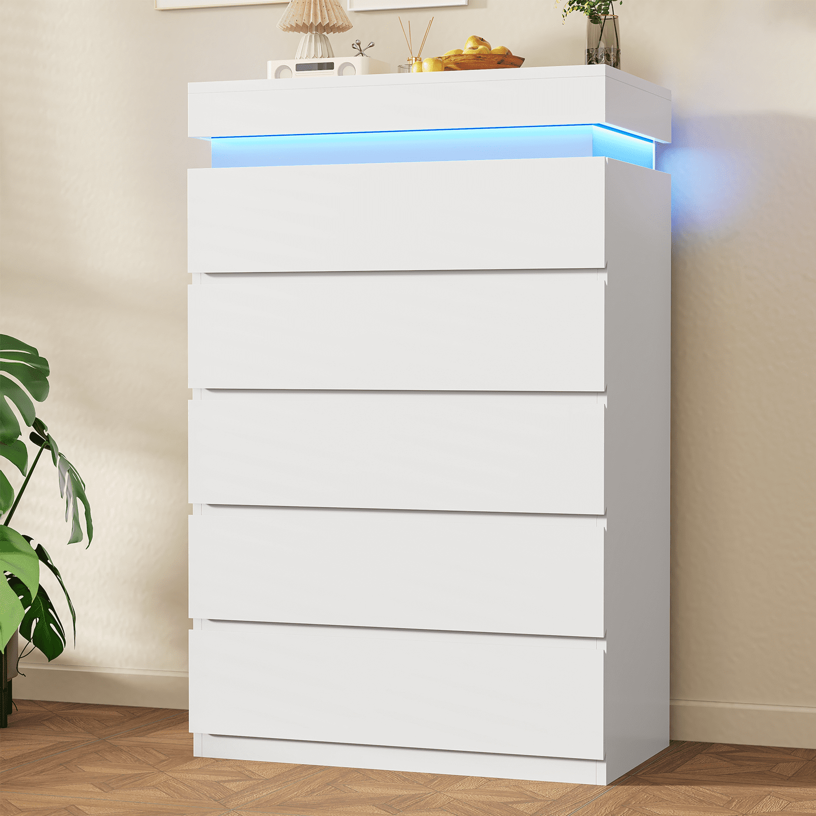 Modern 5 Drawer Dresser with LED Light, Chest of Drawers with LED Lights, Large Storage Tower Clothes Organizer, White Dresser for Bedroom, Living Room, Entryway, Hallway